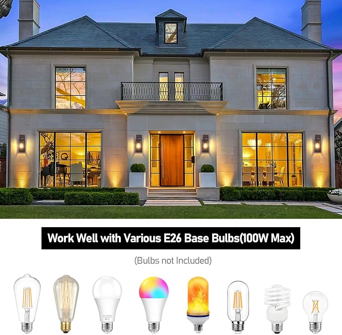 Outdoor Wall Light Fixtures, Outside Porch Lights, Distressed Brown | Waterproof Metal Construction, Rust-resistant, Quick & Easy Installation, Clear Glass Shades & Standard E26 Socket