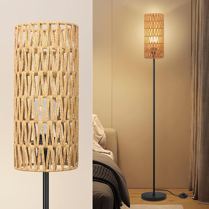 Ruiever Floor Lamp for Living Room,Farmhouse Rattan Floor lamp,Modern Standing lamp with Hand-Worked Rattan Shade,Black Tall Lamp with Foot Switch for Bedroom,Kids Room,Office,LED Bulb is Included.