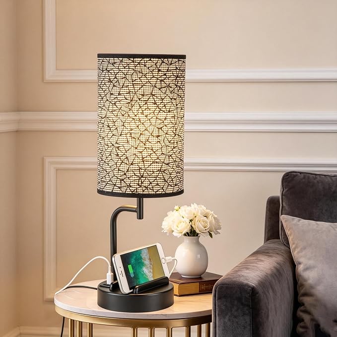 Dreamholder Touch Control USB Table Lamp with USB C/A & AC Outlet, 3-Way Dimmable Bedside Lamp, Modern Nightstand Lamps for Bedroom Living Room Guest Room Office, Bulb Included, Miracle Black