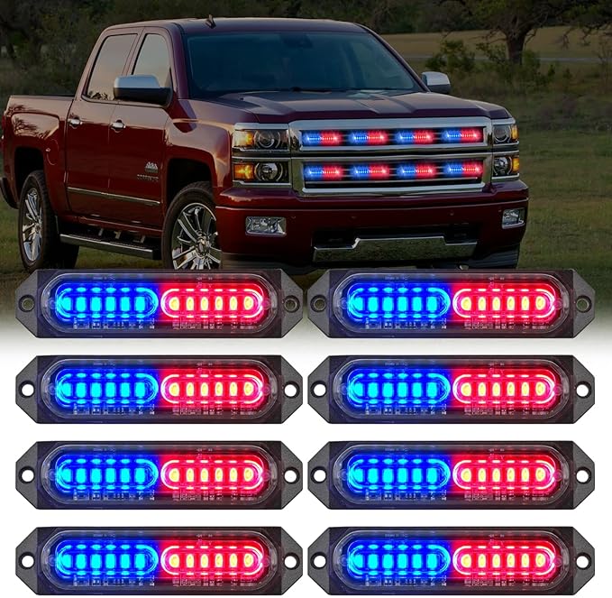 Nilight 8PCS Led Strobe Lights 12LED Red Blue Emergency Light 12V 24V Surface Mount Flashing Warning Hazard Beacon Ultra Slim Sync Feature Mini Grille for Cars Trucks Off Road Vehicles SUV
