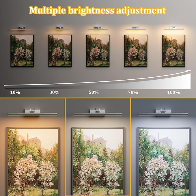 Picture Light for Wall, Platinum Silver, Battery Operated, Remote Control | 4000mAh Cordless,Wall Light, Magnetic for Easy to Charge,Timers, Display for Gallery Living Room Bedroom