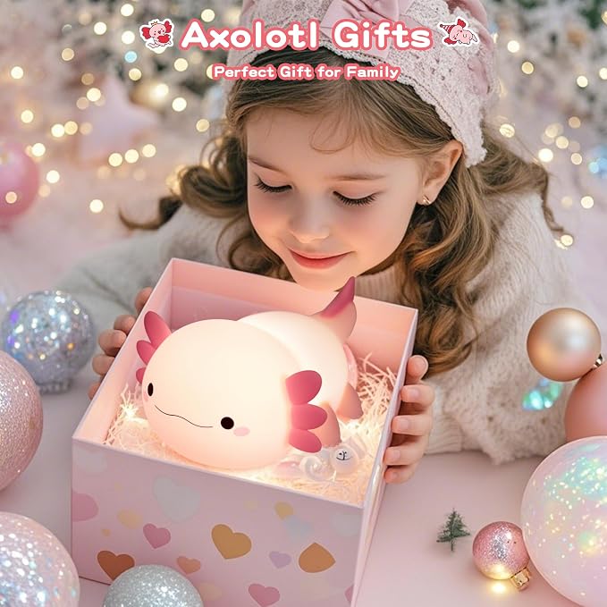 FAMIDUO Pink Axolotl Lamp, Food-Grade Silicone Squishy Night Light for Kids | 2-Level Touch Dimmable ,20-Min Auto-off Timer, Rechargeable Anti-Blue Warm Glow Nursery Bedside Decor, Cute Gifts for Girls