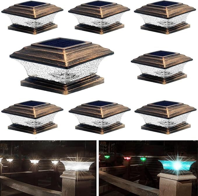 HUYIENO Solar Post Cap Lights Outdoor LED Lighting Deck Fence Light Two Modes Warm White/7 RGB Color Changing Suitable for 4x4 5x5 Wooden Posts (Brushed Copper, 8pk), HY1238