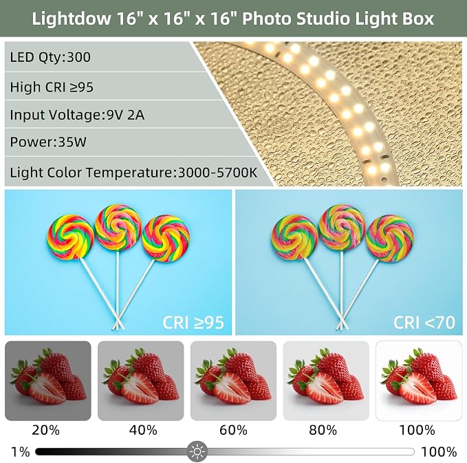 Lightdow 24"x24"x24" Photo Studio Light Box Photography with 300 LEDs(CRI>95) & Type-C Plug(35W)+Cable,6 Backdrops-Portable/Dimmable Folding Shooting Tents for Toys/Jewelry/Bonsai/Bags/Suitcases