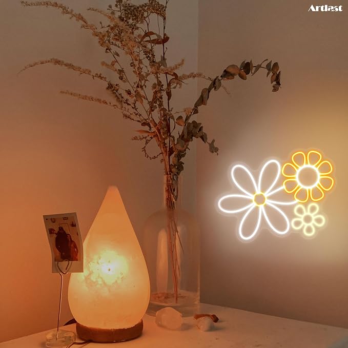 Daisy Flower Neon Sign, 13.39x13.23 inches, Cool White+Warm White+Yellow, Acrylic, Wall Mount, LED, Boho Flower, Decorative Signage for Home Decor, Gifting, Boho Vintage Decor
