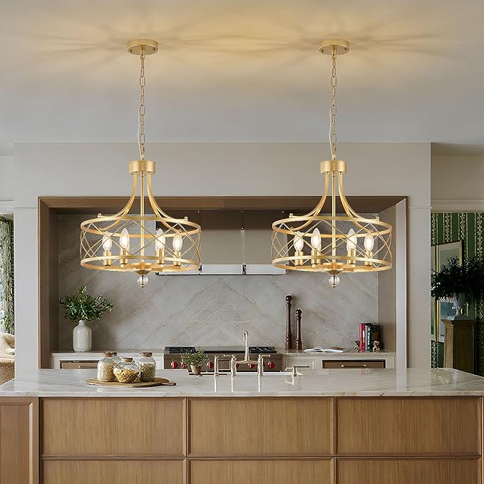 6-Light Chandelier,17.5in Gold Metal Farmhouse Lantern Pendant Light Fixture,Adjustable Hanging Ceiling Lamp,for Kitchen Island,Bedroom,Entryway,Dining Room