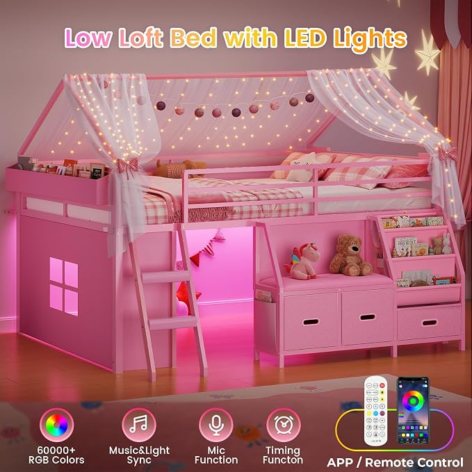 ADORNEVE Low Loft Bed Full Size with Bookshelf, Reading Nook & 3 Drawers | Pink Kids Loft Bed, LED Light, Storage Drawers, Under-Bed Play Space,Safety Guardrail, Inclined Ladde, Play Curtain