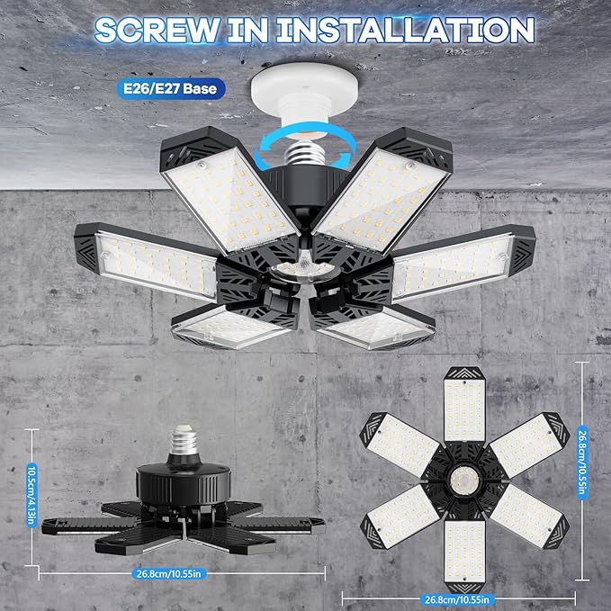 Garage Lights 6 Pack - 200W 20000LM Garage Lights Ceiling LED 6500K, Screw in Shop Lighting with 6+1 Adjustable Panels for E26/E27 Bulb Socket, for Workshop Basement Barn