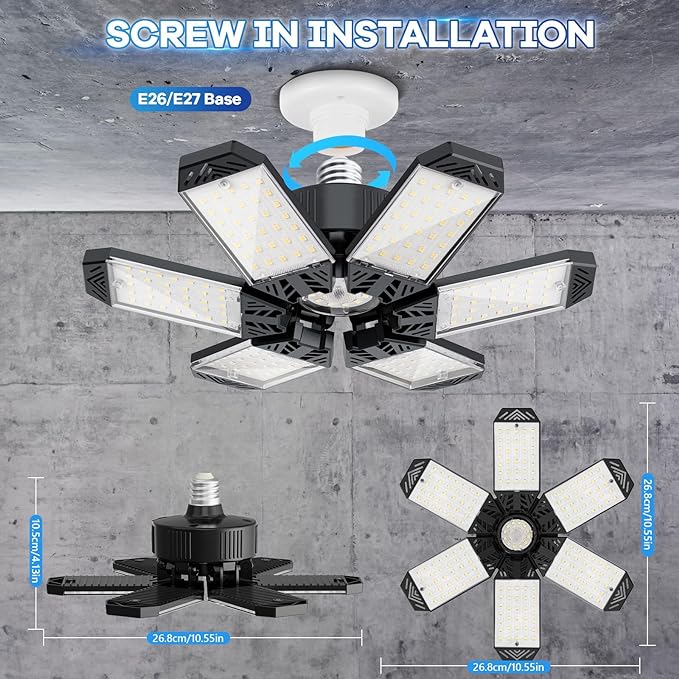 Garage Light 2 Pack - 200W 20000LM Garage Lights Ceiling LED 6500K with 6+1 Deformable Panels, Screw in E26/E27 Bulb Socket LED Shop Lights for Workshop Barn Basement Gym Bay Lighting