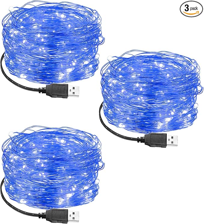 Macarrie 3 Pcs Blue Fairy Lights USB Powered 16 ft 50 LED String Lights Plug in for Indoor Outdoor Bedroom DIY Party Wedding Home Festival Tree Garden Xmas Decoration