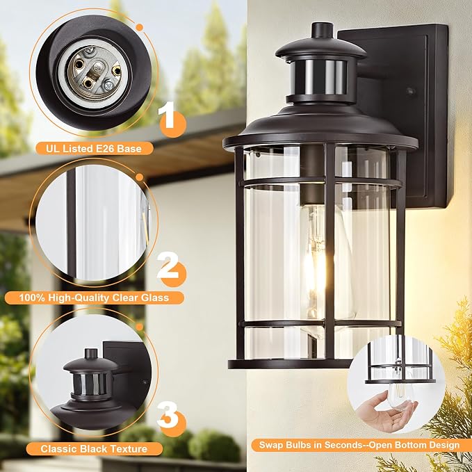 Motion Sensor Outdoor Wall Lights-Dusk to Dawn Porch Light,Brown Outdoor Lights Fixture,3 Lighting Modes Waterproof Anti-Rust Outdoor Lights for House Porch Garage (2 Pack