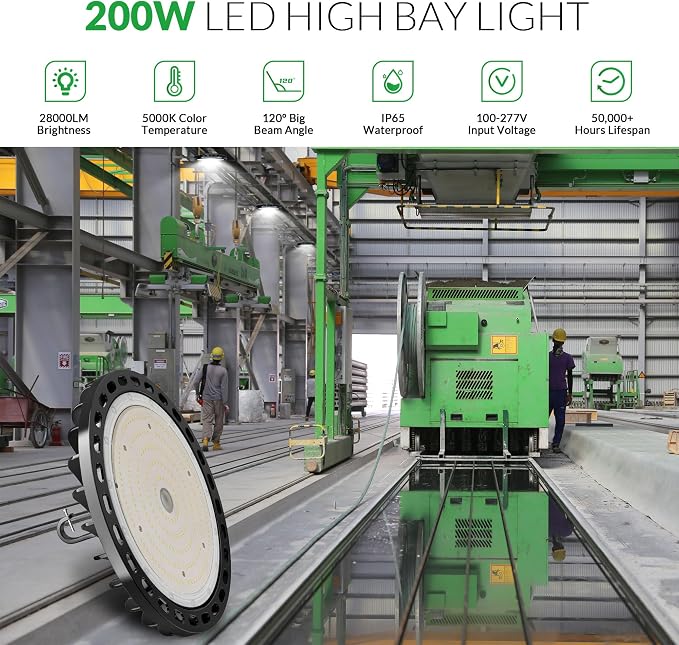 200W UFO LED High Bay Light 28000 LM 5000K w/US Plug 5ft Cable, Non-Dim | IP65 Waterproof Commercial Industrial Warehouse Workshop Factory Barn Garage Area Lighting Fixture AC85-277V