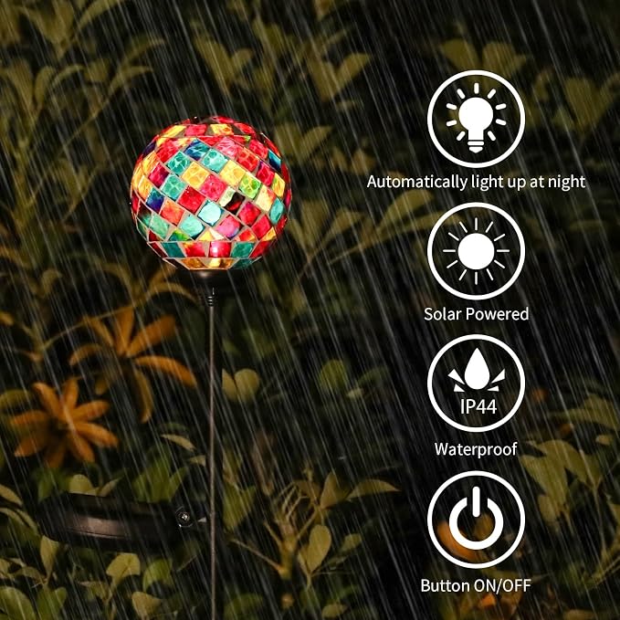 VCUTEKA Decorative Solar Garden Lights, 3.5" Mosaic Globe Outdoor Stake | Mosaic Glass Globe Design, Solar LED Light, Waterproof Design, Auto On/Off and Metal Stake Design for Lawn and Patio
