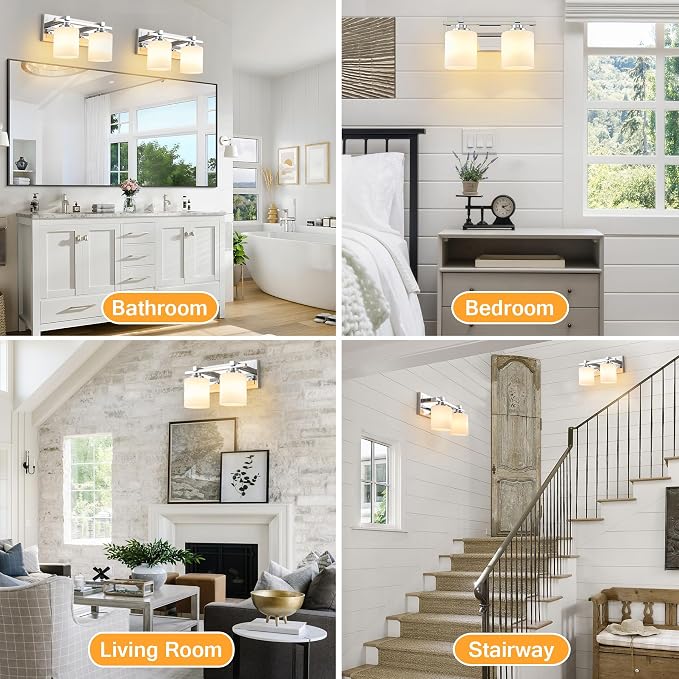 Modern Bathroom Light Fixtures Over Mirror, Vanity Lights for Bathroom Wall Sconces with Milky White Glass Shades, E26 Socket (Bulbs Not Included), 2 Light, Chrome