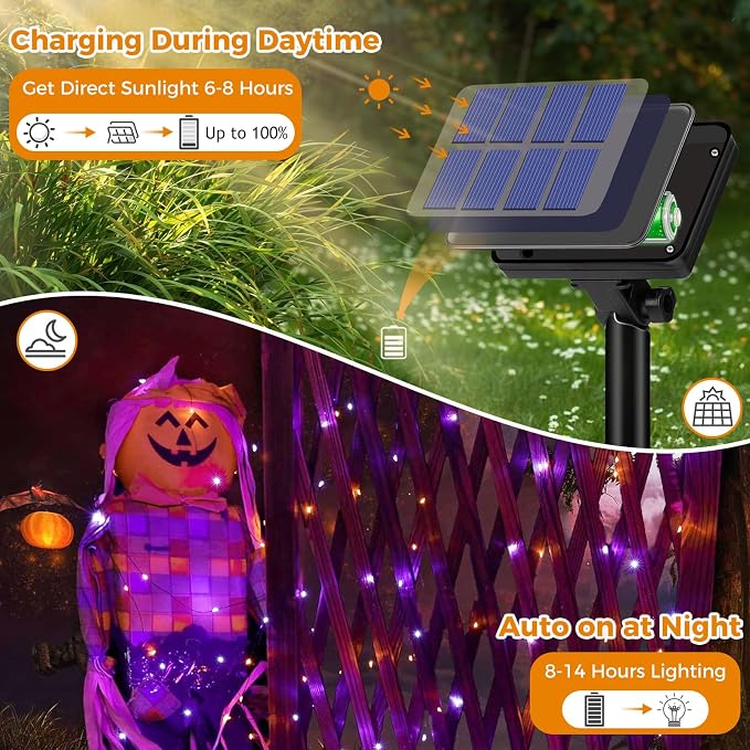 btfarm 2 Pack Solar Halloween String Lights Outdoor, Orange Purple | Total 160LED 66FT Solar Fairy Lights Outside Waterproof, 8 Modes Solar Powered Twinkle for Tree Garden Patio Spooky Decor