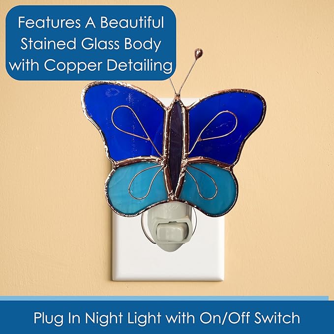 Gift Essentials Blue and Aqua Butterfly Plug in Night Light - Stained Glass Nightlight with On/Off Rocker Switch - Includes One 4 Watt Replaceable Incandescent Warm Glow Bulb