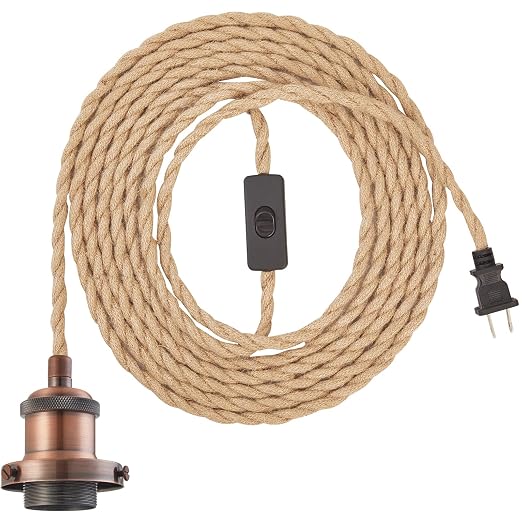 15.4ft Pendant Light Cord Kit, Industrial Vintage Plug in E26 Socket Hanging Light with Switch, Hemp Rope Hanging Light Fixture for Pendant Lamp Farmhouse Lamp Cable DIY
