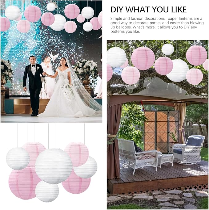 20Pcs Pink Light Pink White Paper Lanterns for Parties, 6” 8” 10” 12” Chinese Asian Hanging Round Paper Lanterns for Birthday Wedding Halloween Christmas Home Decor Party Decor