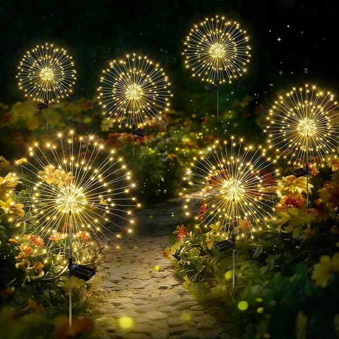 Solar Garden Lights Outdoor Decor Waterproof, 4Pack 120LED Firework Lights for Garden Decorative, Fairy Lights Solar Powered for Yard, Patio,Pathway,Flowerbed,Planter,Party(Warm White)