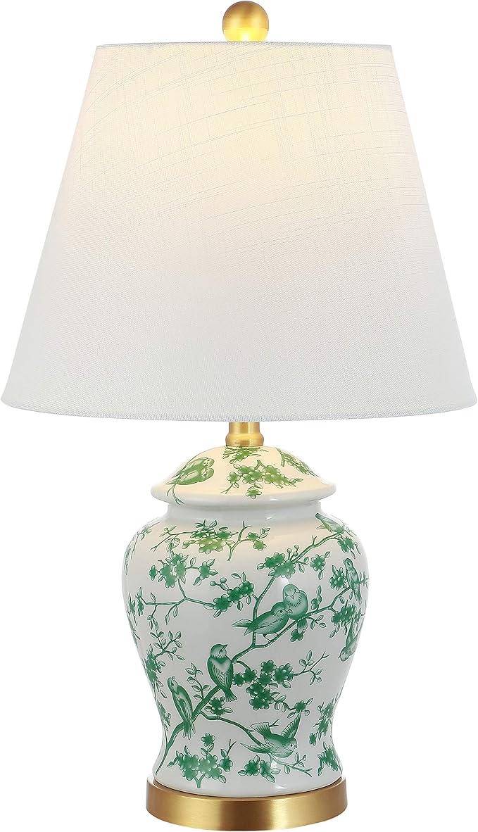 JONATHAN Y Penelope Ginger Jar 22" LED Table Lamp, White/Green | Chinoiserie, Ceramic Metal Construction, French Country Traditional, Linen Empire Shade, Brass Gold, LED Bulb Included