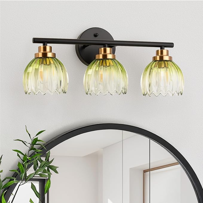 TALOYA Black Gold 3-Light Bathroom Vanity Light with Green Tulip GlassShade | Modern Vanity Lighting Fixtures, Bathroom Lights Over Mirror, Wall Mount Mirror Light Fixtures for Bathroom Hallway Bedroom