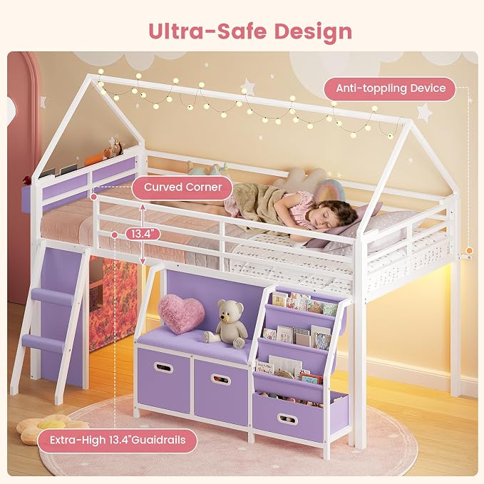 ADORNEVE Low Loft Bed Twin Size with Bookshelf, Reading Nook & 3 Drawers | Purple Kids Loft Bed, LED Light, Storage Drawers, Under-Bed Play Space,Safety Guardrail, Inclined Ladde, Play Curtain