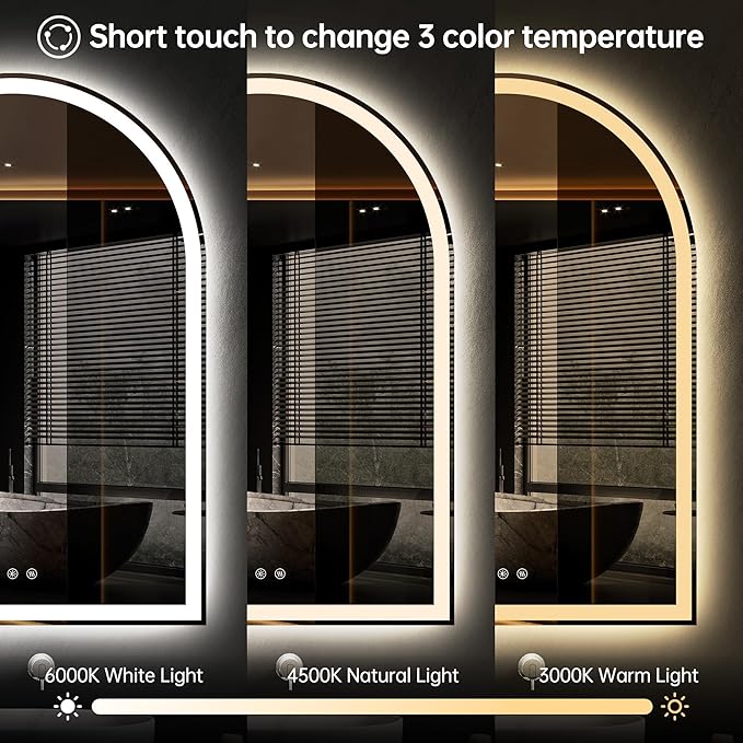 Arched Bathroom Mirror with Lights 40"x28"- Frameless LED Mirror for Bathroom, Fogless, Dimmable, 3 Color Changing, Shatterproof, Touch Sensor