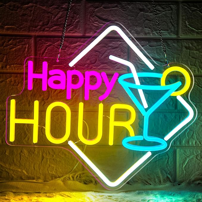 Happy Hour Neon Sign Dimmable Cocktails Happy Hour Neon Bar Sign for Home Bar Cocktails LED Neon Light for Beer Bar Pub Man Cave Restaurant Hotel Party Window Wall Decor