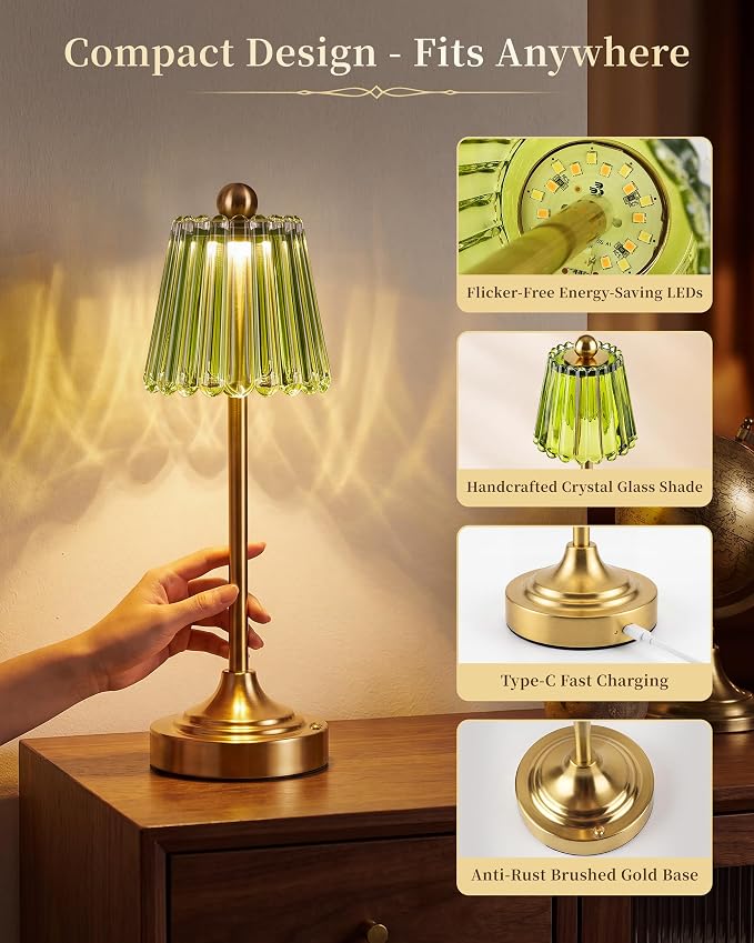 Small Vintage Cordless Table Lamp, Green Glass Shade, 3 Color Dimming,Touch Accent Lamp for Bedroom,Nightstand, Living Room, Kitchen(Green)