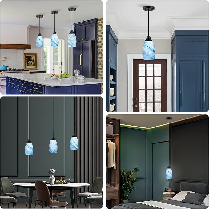 Viinew Mini Glass Pendant Light,3-Pack Blue Marble Glass Pendant Lights | Handblown Blue Marble Oval Art Glass Lamp Ceiling Hanging Light 4.72" Small Chandelier for Dining Room Kitchen