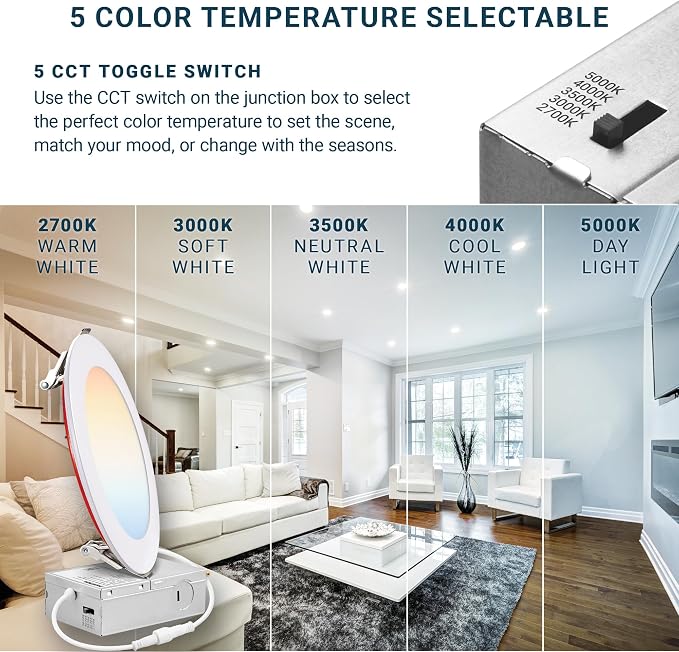 PARMIDA (12 Pack) 6 Inch 2HR Fire Rated LED Recessed Light, ETL, 5 Color Selectable 2700/3000/3500/4000/5000K, 12W Dimmable UltraThin Canless Wafer Slim Panel Downlight, Wet/IC Rated, No Tenmat Needed