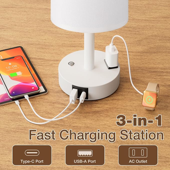 White Touch Bedside Lamp for Bedroom, Stepless Dimmable, USB A+C, AC Outlet | Base Touch Button Only, Memory Brightness, Ultra-dim Night Light, Included Bulb for Optimal Dimming, White Lamp Base, Nursery