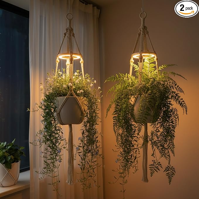 2 Pack Hanging Plant Grow Lights for Indoor Plants with Timer, Wall Mounted Full Spectrum Pendant Growing Light with Macrame Plant Hanger, Ceiling LED Planta Luz for Potted Plants Home Decor