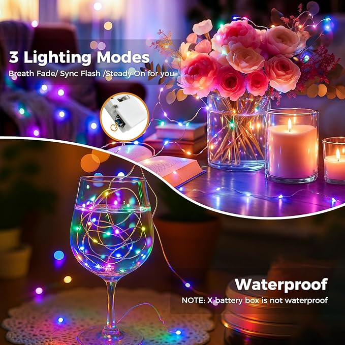 litogo 12 Pack Multi-Colored Fairy Lights Battery Operated with Timer, 20 LED 3 Modes Twinkle Light, 7ft Waterproof Silver Wire Mini Small Bulk Mason Jar String Light, Decor for Wedding Christmas