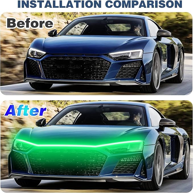 Car LED Hood Light Strip for Cars, SUVs, Trucks, Green, 70 Inch | 12V, Universal, Flexible Waterproof Daytime Running Light, Dynamic Scan Start-up Effect, Super Bright Bonnet Lights