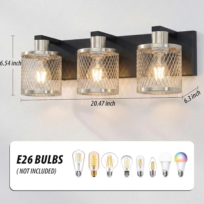 3 Lights Bathroom Light Fixtures Brushed Nickel Vanity Lights 3 Lights Farmhouse Bathroom Vanity Light Vintage Design Wall Sconces Lighting for Mirror Attic Corridor Cellar Wall Lamps