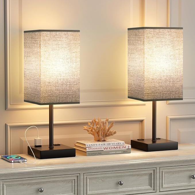 17.4" Set of 2 Table Lamp for Bedroom - Dimmable, USB C+A, 2 AC Outlets | 3-Way Touch Dimming, 3000K Warm White Bulb Included, Nightstand Lamp with Square Linen Shade, Room Decor for Men, Boys, Desk