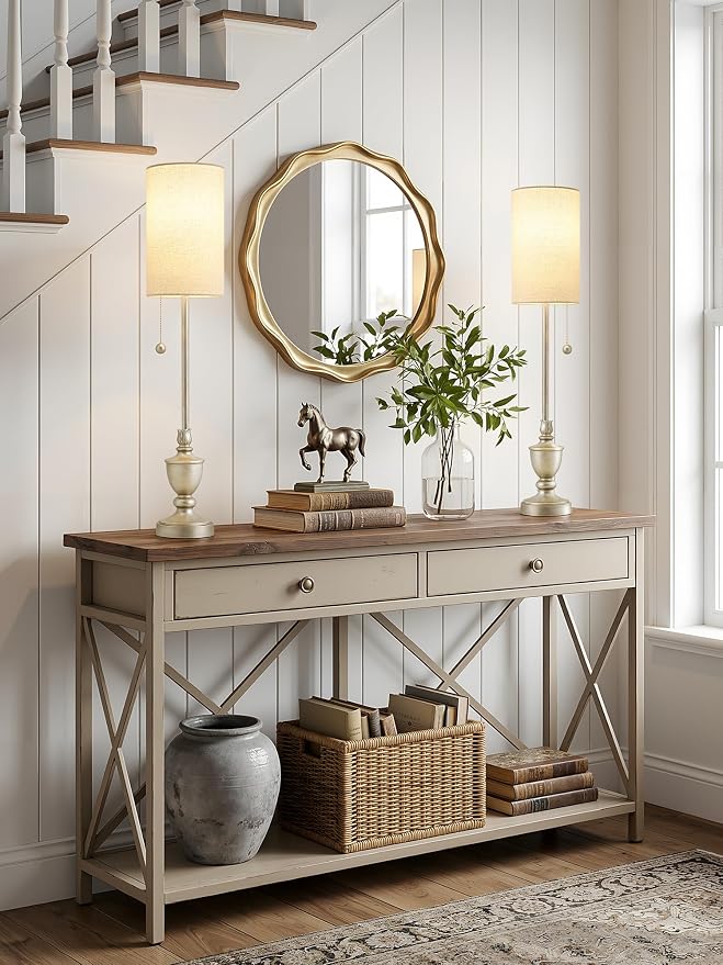 Buffet Table Lamps Set of 2 - 28" Tall Skinny Brushed Nickel Finish Resin Table Lamp for Living Room,Traditional Candlestick Lamp with Pull Chain for Console Table,Dining Room,Entryway,Hallway,Bedside