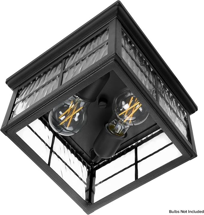 Maxxima Outdoor Flush Mount Ceiling Light Fixture, Black with Water Glass | Square Farmhouse Porch or Patio Light, Close to Ceiling Entryway, Bulbs Not Included, 2-Light, E26