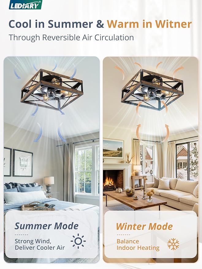 LEDIARY Caged Flush Mount Ceiling Fans with Lights and Remote, Rustic Square Low Profile Ceiling Fan, 6 Speed and Reversible, Small Farmhouse Bladeless Ceiling Fan for Bedroom, Kitchen, Dining Room