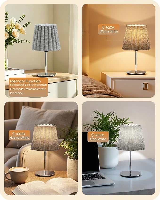 Small Bedside Table Lamp, Dimmable Table Lamp with 3 Adjustable Color Temperatures, Nightstand Lamp with a Dimmable Bulb, E26 Base, for Bedroom, Study, Desk, Gray and Glossy Gray PSH15TL05