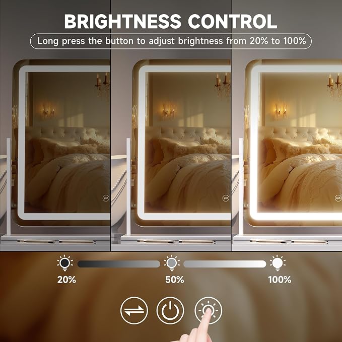 Hasipu Vanity Mirror with Lights, 24" x 20" LED Makeup Mirror, Light up Mirror with Smart Touch 3 Colors Dimmable, Brightness Adjustment, 360° Rotation (White)