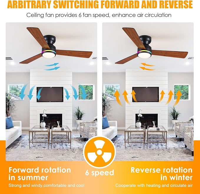 46" 3-Blade Brown Low Profile RGB Ceiling Fan with Light and Remote/APP | 11 RGB Modes,Reversible 6 Wind Speeds,Dimmable 3 CCT LED, 25W Quiet DC Motor,Timer,6 Double-Sided Blades,for Kidsroom Party