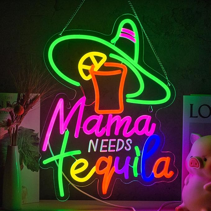 Mama Needs Tequila Neon Sign Tequila Time Neon Sign for Wall Decor Mexican Tequila USB Dimmable LED Neon Lights for Beer Bar Kitchen Restaurant Home Pub Party Man Cave Club Shops Hotel Store Business Gift