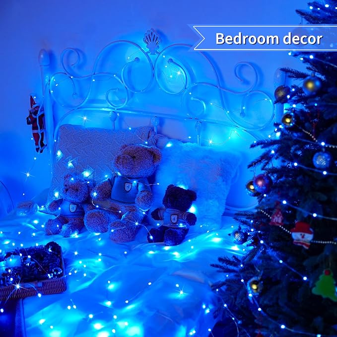 JMEXSUSS 2 Pack Fairy Lights Battery Operated, Total 200 LED 66ft, Blue | Christmas Lights with Remote & Timer, Waterproof Blue Twinkle String Lights for Bedroom Dorm Indoor Outdoor Party Tree Decor