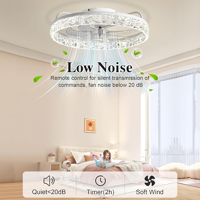 Ceiling Fans with Lights and Remote Fandelier - 20'' Flush Mount Crystal & White Low Profile Modern Ceiling Fans for Bedroom - Stepless Color Temperature and 6 Speeds