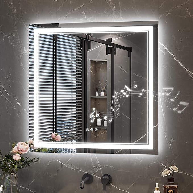 Keonjinn 30 x 30 in Lighted Mirrors for Bathroom Wall with Bluetooth Speaker, Frontlit & Backlit LED Mirror for Bathroom with Dimmable 3 Color Lights, Bluetooth Mirror Bathrooms, Tempered Glass
