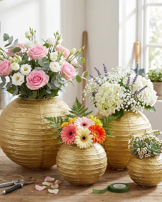 Treela 48 Pcs Paper Lanterns Party Decorations Round,Gold | Chinese Hanging Lamps, Wedding, Party Supplies, Birthday Bridal, 4/6/8/10 Inch, Easy Setup, Asian Decor, Festive Atmosphere