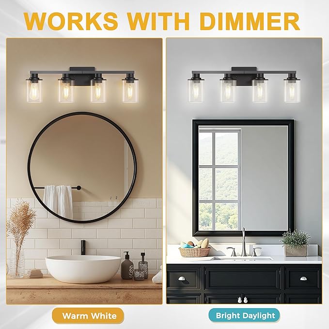 L LOHAS LED 4-Light Bathroom Vanity Lights Over Mirror, 27 Inch Black Bathroom Light Fixtures with Clear Glass Shade, Modern Vanity Lights for Living Room Hallway Bedroom