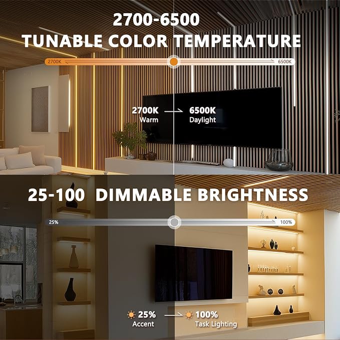 VST 16.4ft Smart Silicone Recessed LED Strip for Wood Slat Wall Panels, 24V | 2700K-6500K Tunable White, Alexa/App/RF Smart Control, Cut-to-Fit Continuous Strip with Quick Connectors for Custom Layouts
